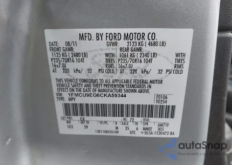 2012 Ford Escape Limited z USA, uszkodzony, nr VIN 1FMCU9EG6CKA59344